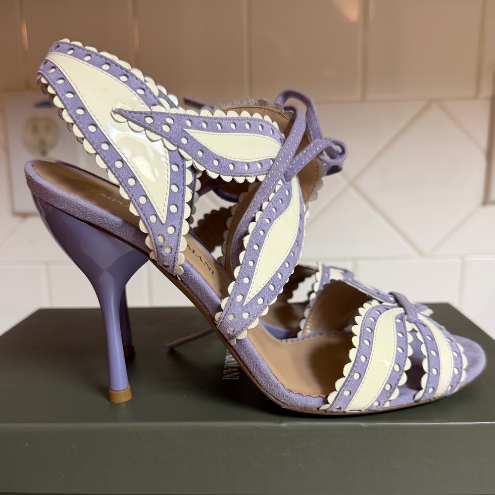 Emporio Armani Lavender Purple White Ankle Strap Open Toe Heels